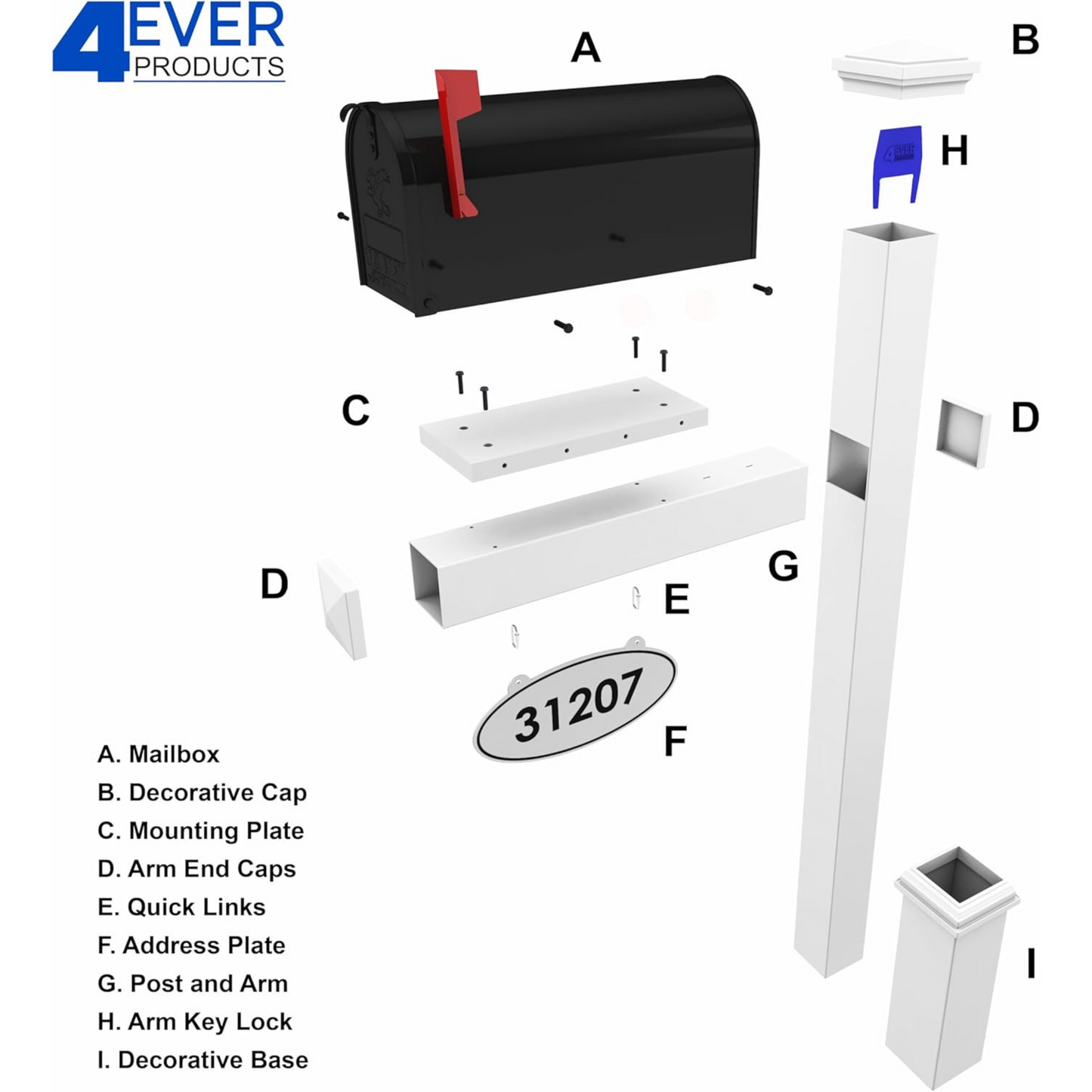 4Ever Products Vinyl Mailbox Post System - Includes Black Steel Mailbox and Custom Address Plate (White)