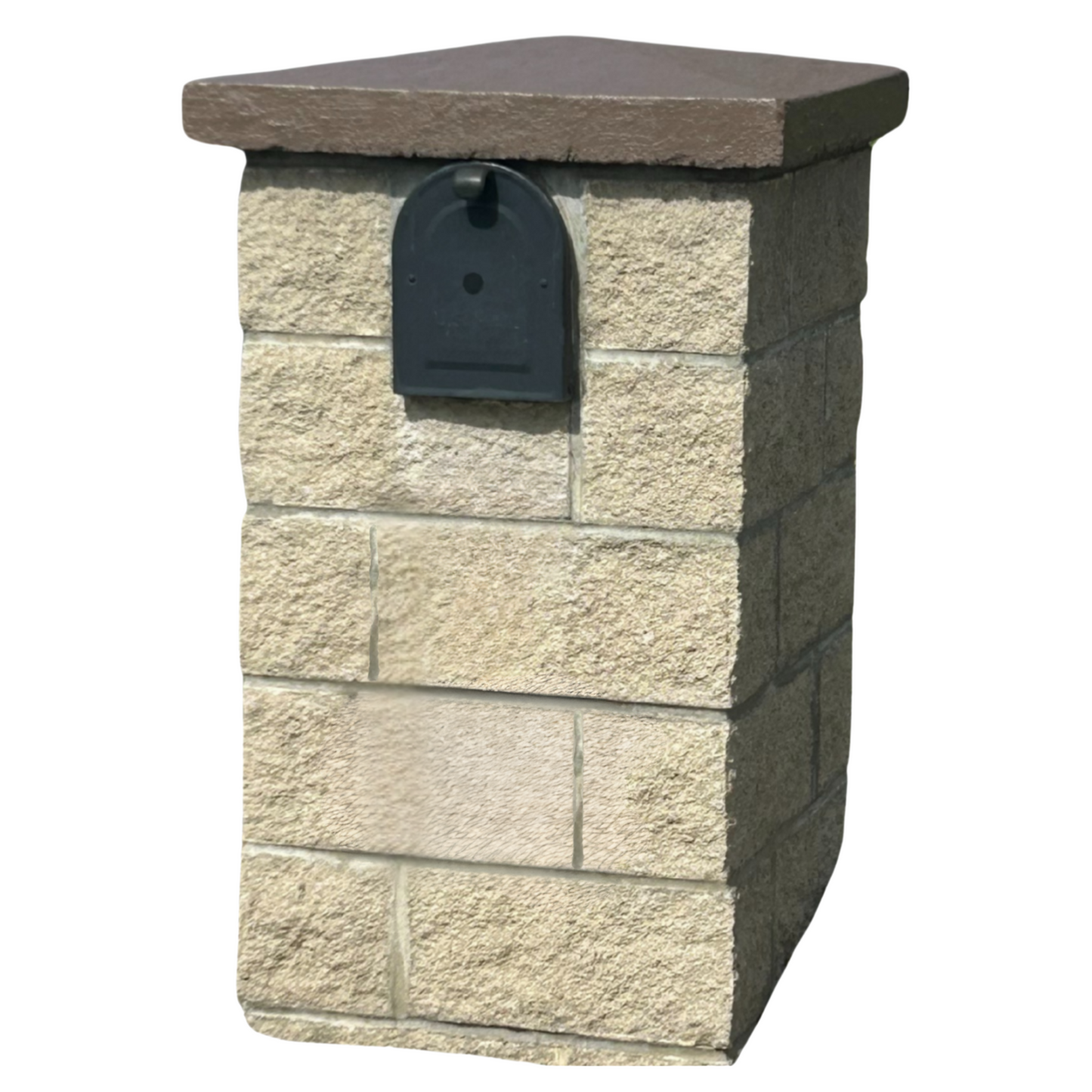 Tan Brick Mailbox with Address Plaque and Pitched Top
