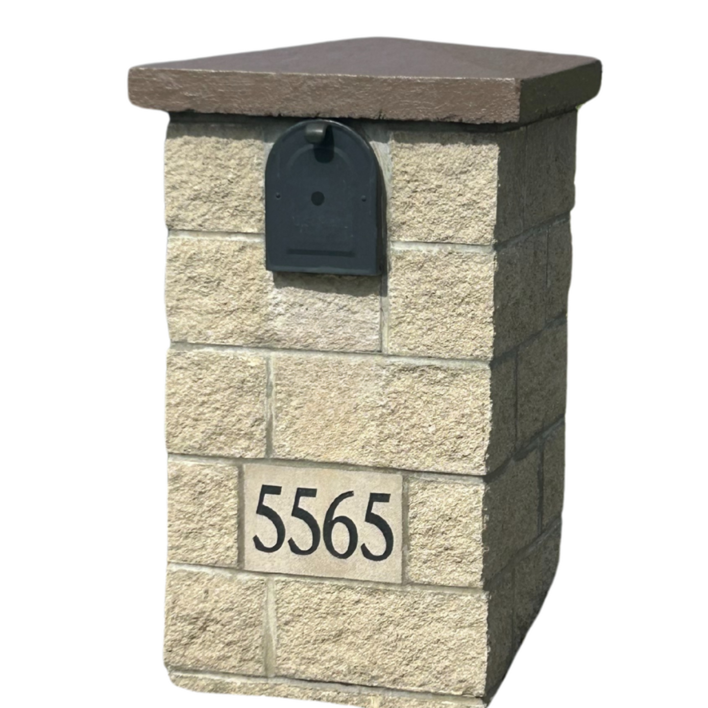 Tan Brick Mailbox with Address Plaque and Pitched Top