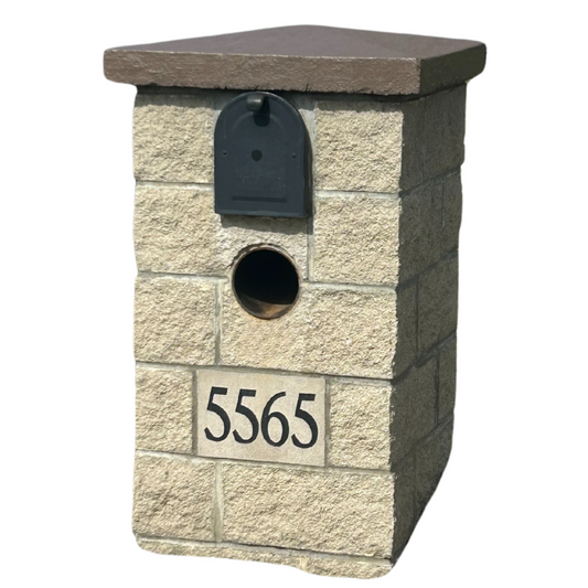 Tan Brick Mailbox with Address Plaque and Pitched Top